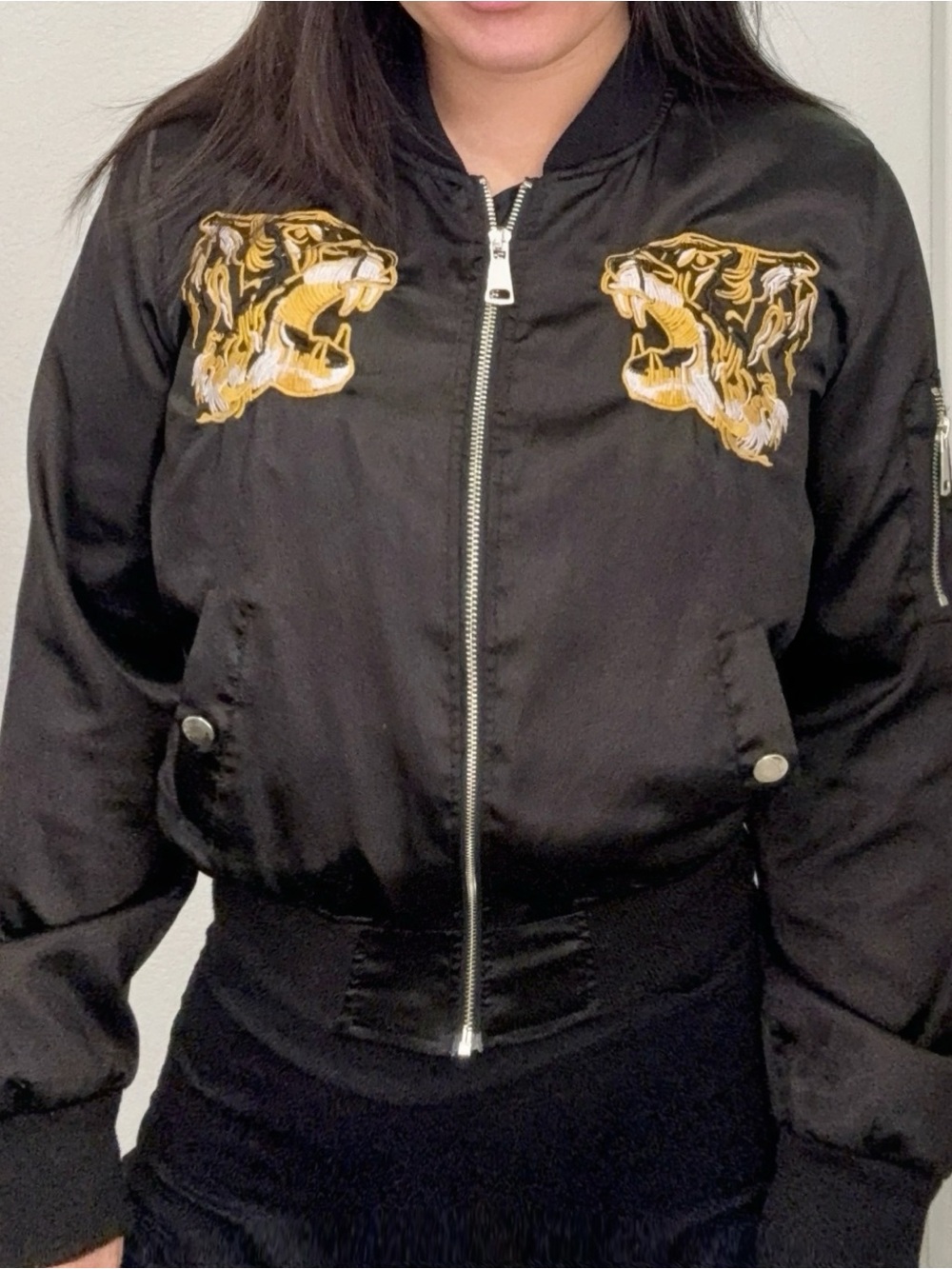 Black Satin Embroidered Tiger Bomber Jacket - Women's